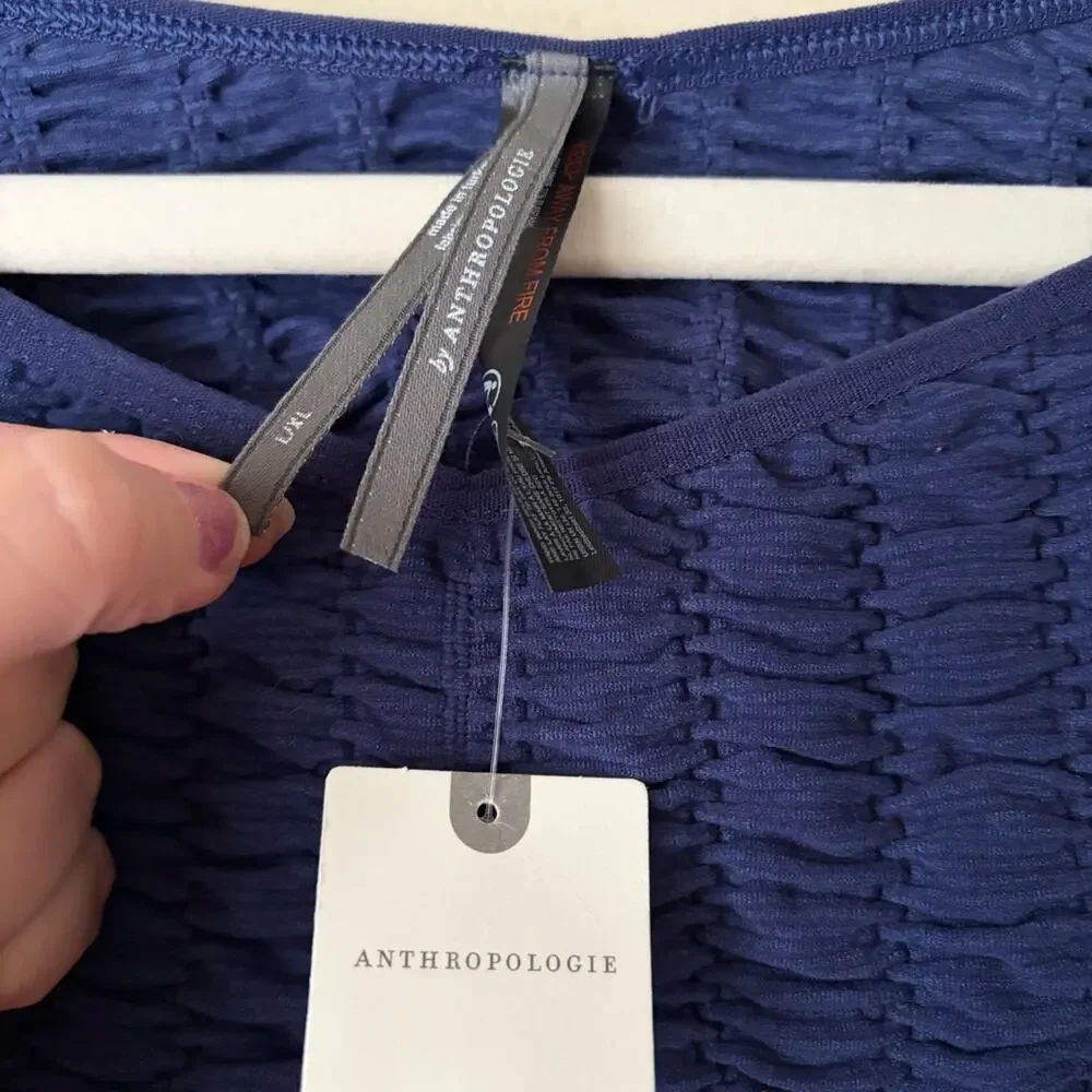 Anthropologie | Shirred Textured Long Sleeve Crop Top Boho Navy Blue L/XL NWT